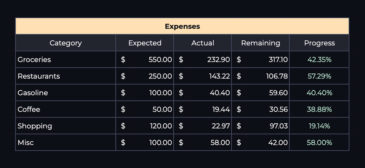 Budget spreadsheet showing expense categories with expected vs. actual spending and progress percentages