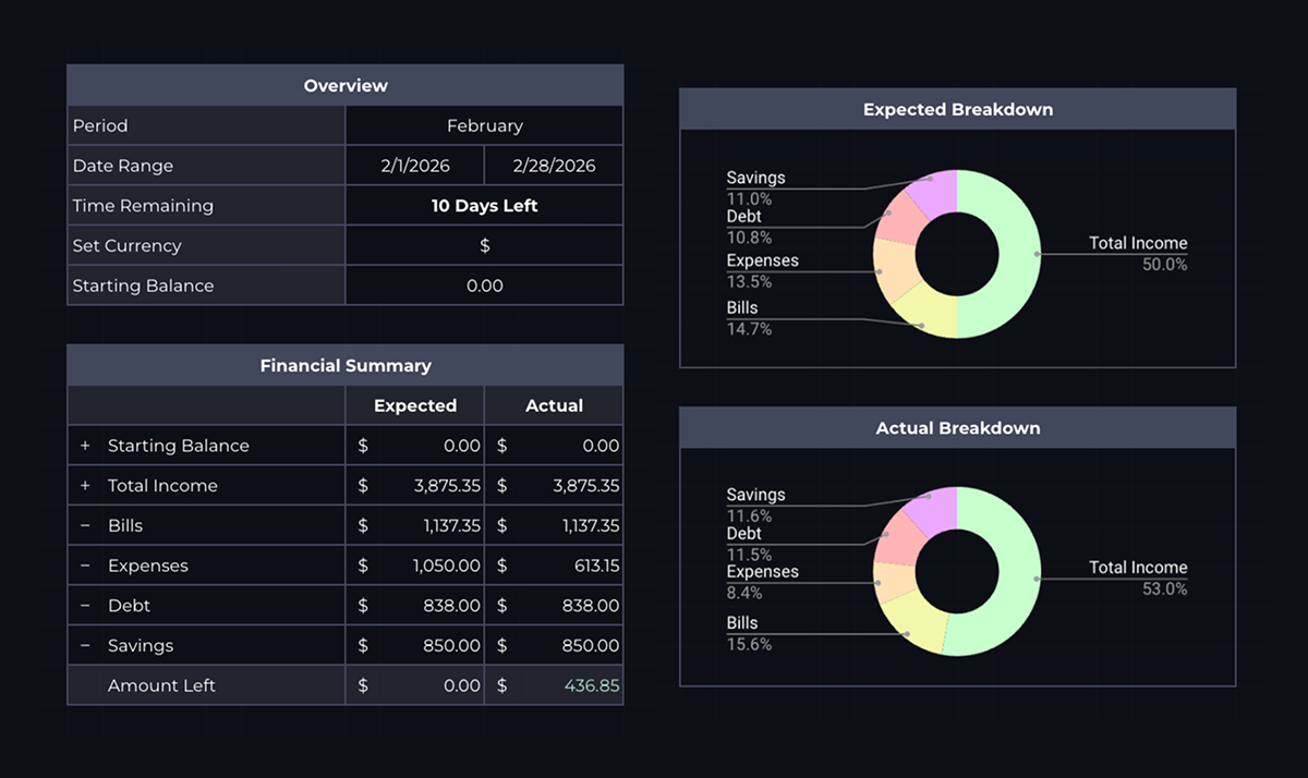 Budget spreadsheet overview panel with financial summary and expected versus actual breakdown charts